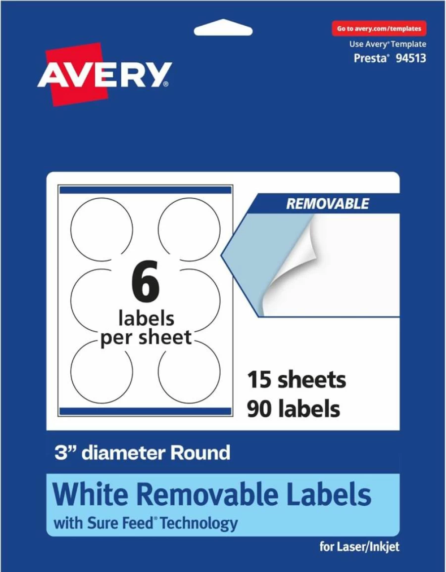 Avery Matte White Removable Round Labels 3" - 90 Pack, Sure Feed Technology, Print to Edge, Laser/Inkjet Compatible, Peel & Stick Labels for Home & Office