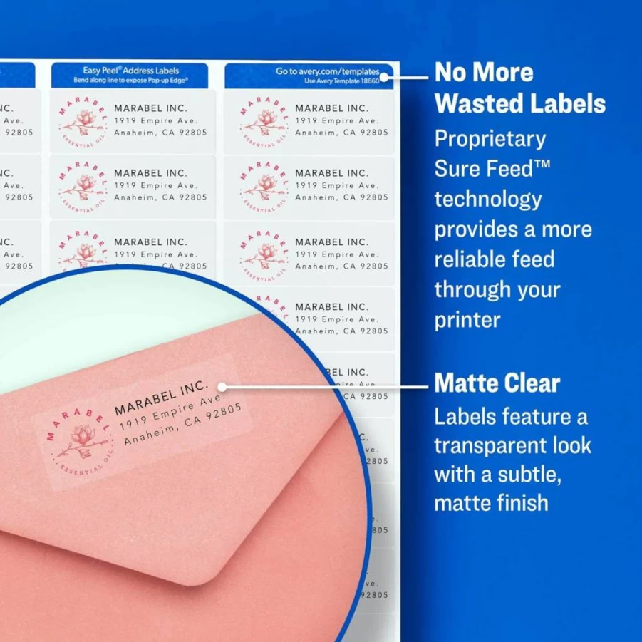 Avery 18663 Printable Shipping Labels 2" x 4" Matte Clear, 100 Blank Mailing Labels with Sure Feed Technology