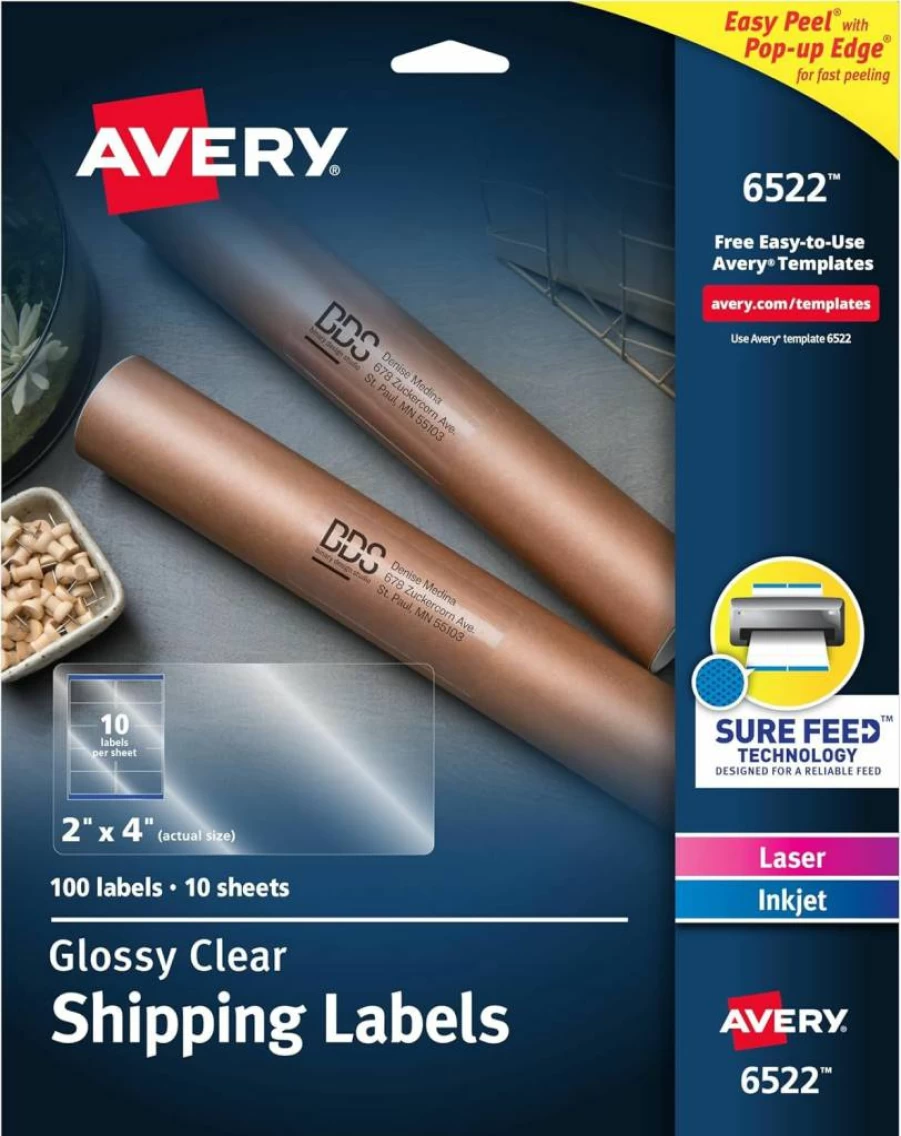 AVERY 6522 Glossy Crystal Clear Printable Shipping Labels, 2" x 4" Sure Feed for Laser/Inkjet Printers, 100 Blank Mailing Labels, High-Quality Adhesive for Secure Packaging