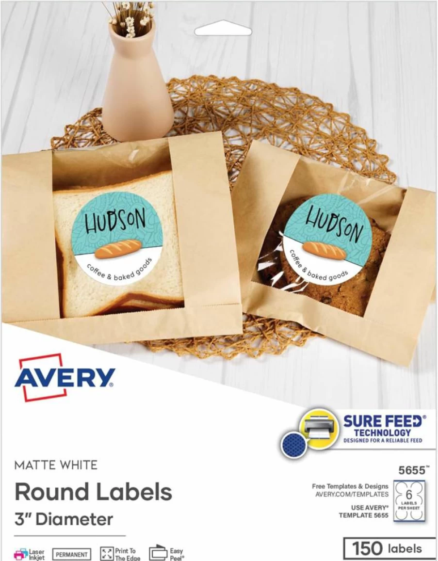 AVERY 5655 Matte White Printable Round Labels, 3" Diameter, 150 Pack, Permanent Adhesive, Laser/Inkjet Compatible, Sure Feed Technology, for Product Labeling, Favor Tags, Merchandising