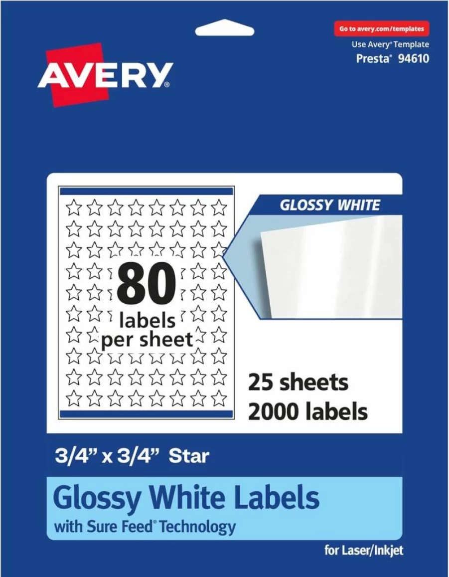Avery Glossy White Star Labels, 3/4" x 3/4", 800-Pack, Permanent Adhesive, Laser/Inkjet Printable, Sure Feed Technology, Print-To-The-Edge Design