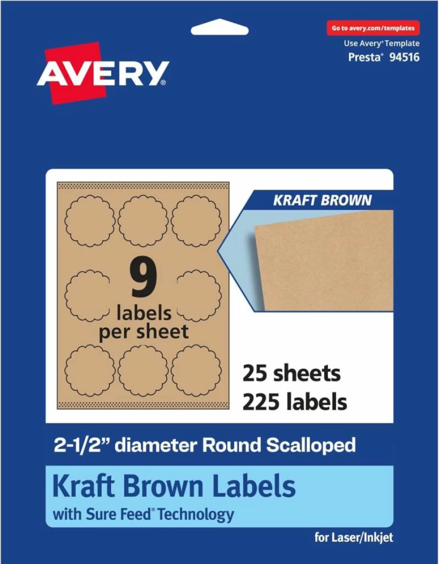 AVERY Sure Feed Round Scalloped Kraft Brown Labels, 2.5 Inch Diameter, 135-Pack, Print-to-the-Edge for Laser & Inkjet Printers