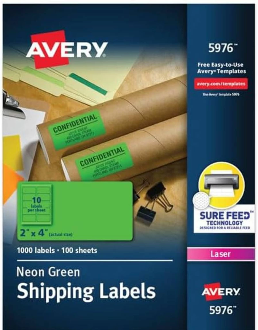 Avery 5976 Neon Green Printable Shipping Labels, 2" x 4" Size, 1,000 Blank Mailing Labels with Sure Feed Technology