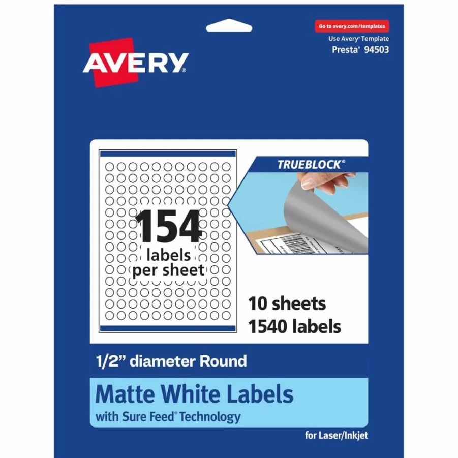 AVERY Trueblock Matte White Round Labels 0.5" - 1,540 Pack, Sure Feed Technology, Laser/Inkjet Printable, Edge-to-Edge Printing, Ideal for Product Stickers & Merchandising
