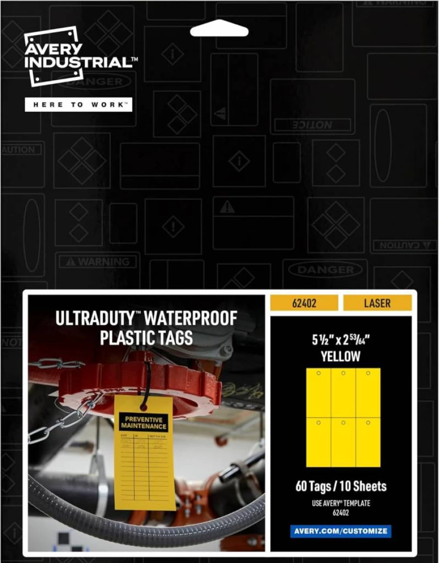 AVERY Ultraduty Printable Plastic Hang Tags, 5.5" x 2.83" White Blank Tags, 50LB Strength, 60-Pack (62400) for Retail Labeling