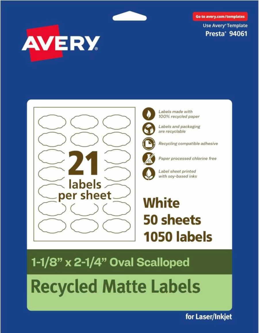 AVERY Recycled Matte White Oval Scalloped Labels 1-1/8" x 2-1/4" - Eco-Friendly, Permanent Adhesive, Print-to-Edge, Laser/Inkjet Printable, 210 Pack