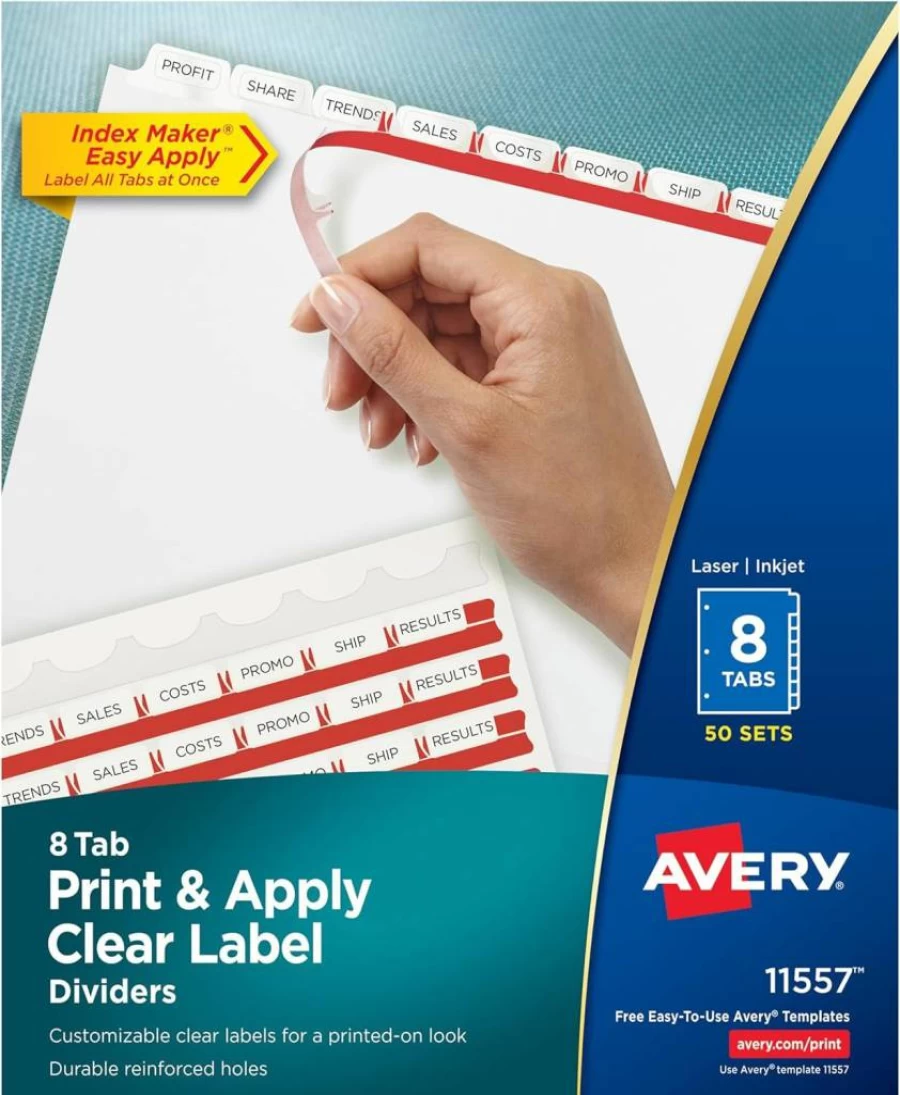 AVERY Printable Clear Label Dividers with 8 White Tabs, Easy Apply Index Maker Strips, 50 Sets per Pack, Case of 2 (11557)
