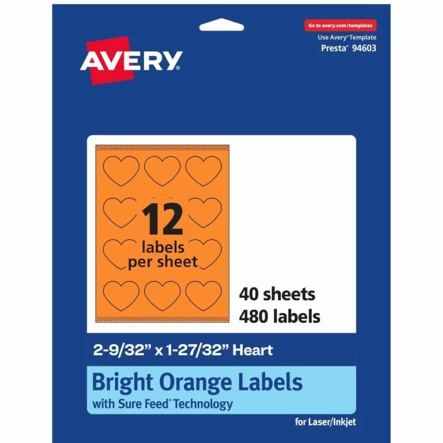 Avery Bright Orange Printable Heart Labels, 2-9/32" x 1-27/32", Sure Feed Technology, 120-Pack for Mailing Seals & Packaging, Laser/Inkjet Compatible, Print-To-The-Edge Design