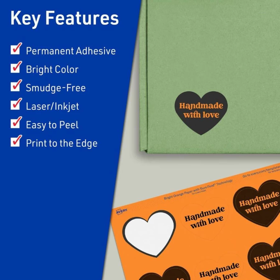 Avery Bright Orange Printable Heart Labels, 2-9/32" x 1-27/32", Sure Feed Technology, 120-Pack for Mailing Seals & Packaging, Laser/Inkjet Compatible, Print-To-The-Edge Design