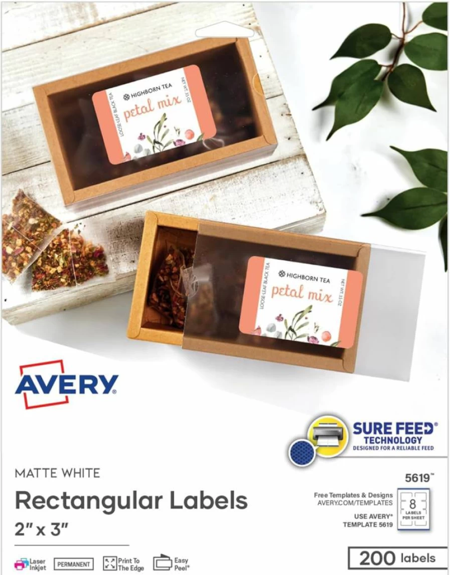 AVERY 5619 Matte White Printable Labels, 2" x 3", 200-Pack, Permanent Adhesive, Laser/Inkjet Compatible, Sure Feed Technology for Product Stickers & Merchandising