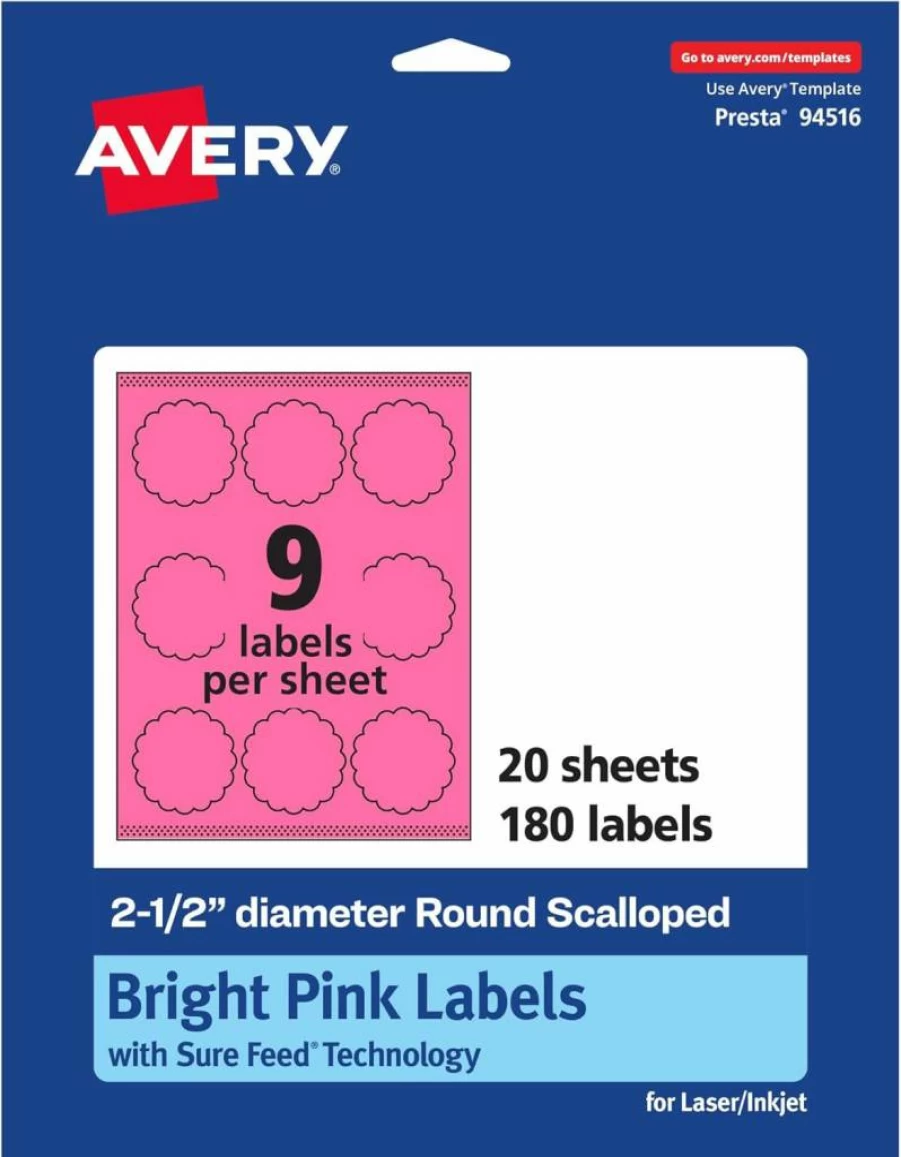 AVERY Bright Pink Printable Round Scalloped Labels, 2-1/2" Diameter, Sure Feed Technology, Laser/Inkjet Compatible, Print-To-The-Edge Design, 90-Pack for Mailing Seals, Candles & Crafts