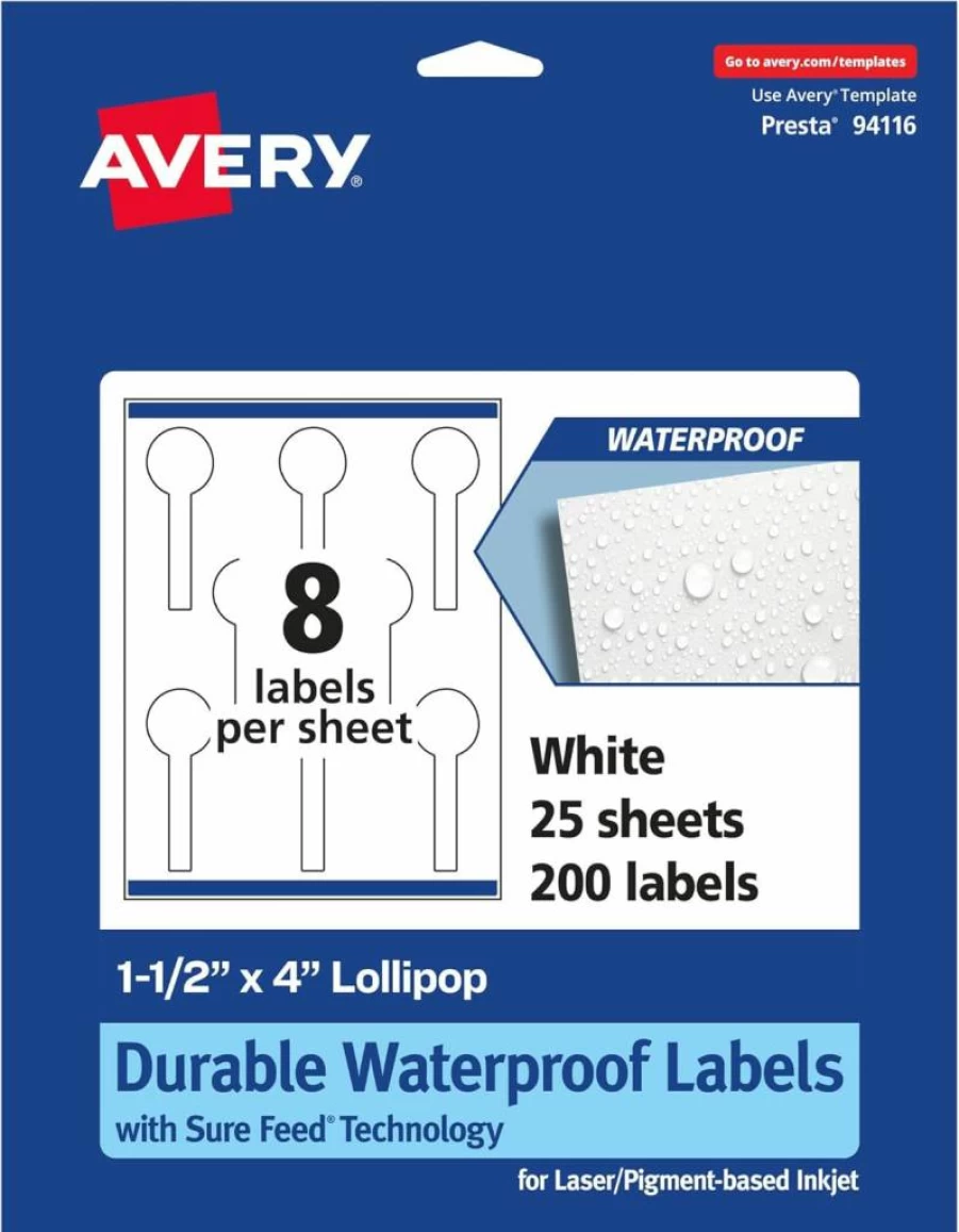 Avery Sure Feed Waterproof Lollipop Labels 1.5" x 4" - 80 Pack, Tear & Oil Resistant, Laser/Inkjet Printable, Print-to-Edge Durable Labels
