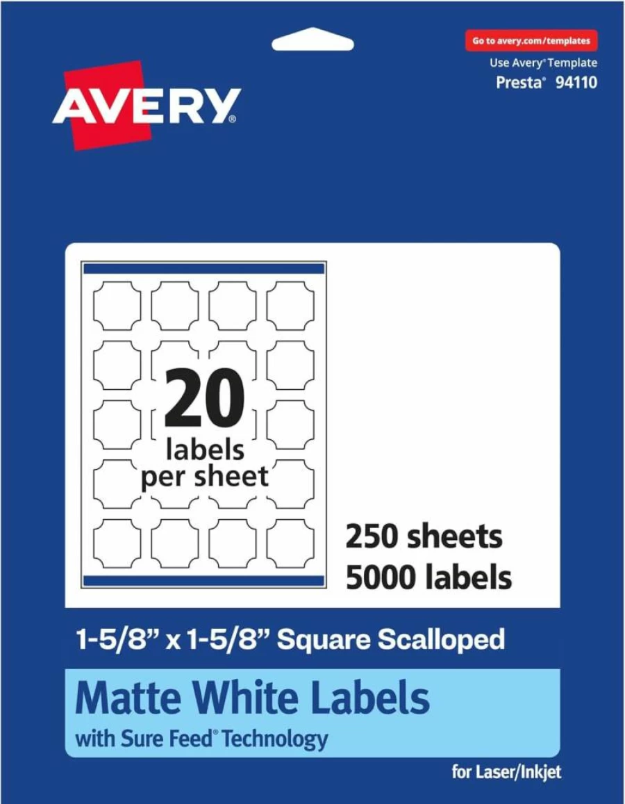 Avery Matte White 1-5/8" x 1-5/8" Scalloped Square Labels with Sure Feed Technology, 500 Printable Self-Adhesive Stickers for Inkjet & Laser Printers