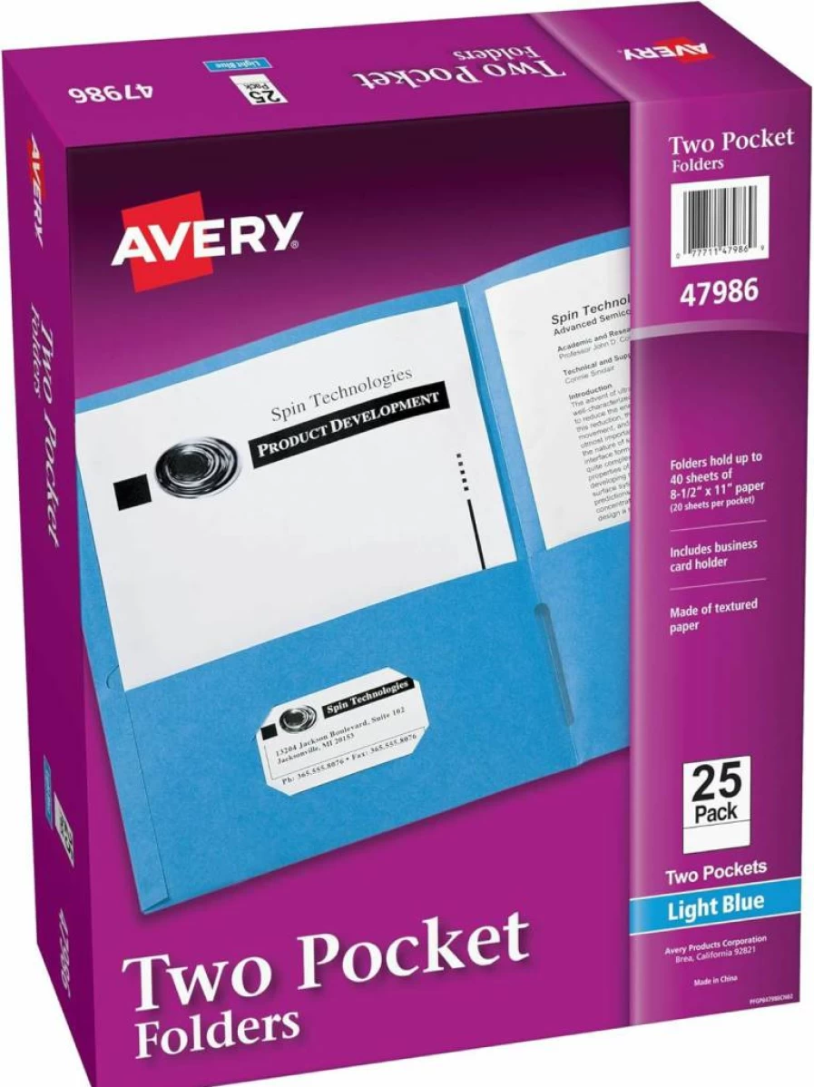 AVERY Light Blue Two-Pocket Folders with Business Card Slot, Holds 40 Sheets, 25-Pack (47986)
