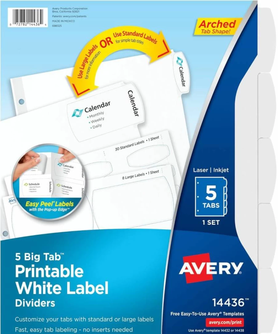 AVERY 5-Tab Printable White Binder Dividers with Easy Peel Labels, 20 Sets (14434) for 3-Ring Binders