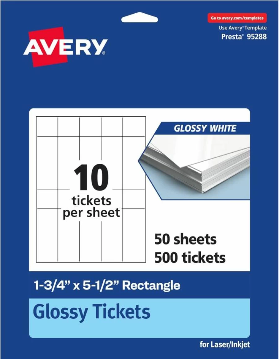 AVERY Printable Glossy White Cardstock Tickets, 1.75" x 5.5" Rectangle, Laser/Inkjet Compatible, 500-Pack