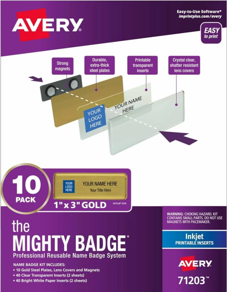 AVERY 71203 Gold Name Tags - 1" x 3" Mighty Badge with 10 ID Badges & 80 Inserts for Inkjet Printers