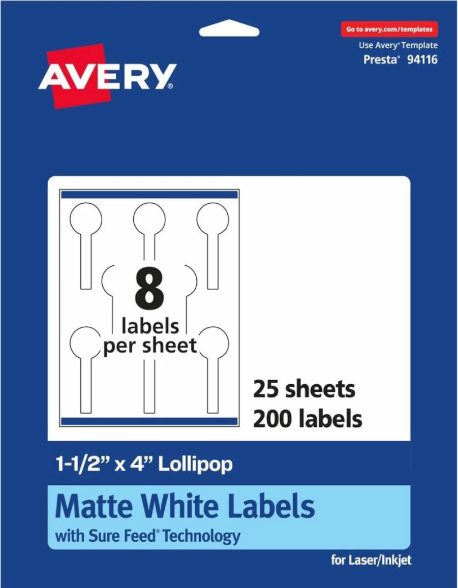 Avery Matte White Lollipop Labels 1.5" x 4" - 200 Pack, Sure Feed Technology, Permanent Adhesive, Print-To-The-Edge Design, Laser & Inkjet Printable