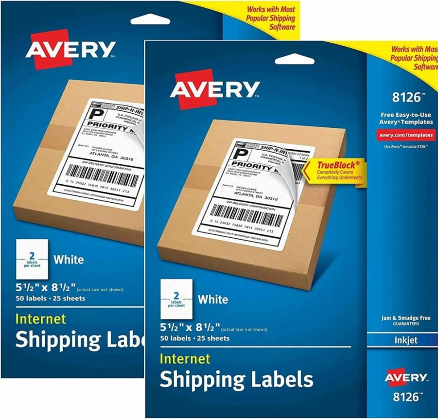 Avery 8126 Trueblock Shipping Address Labels, 5-Pack Half Sheet Permanent Adhesive Labels for Inkjet Printers, 250 Labels