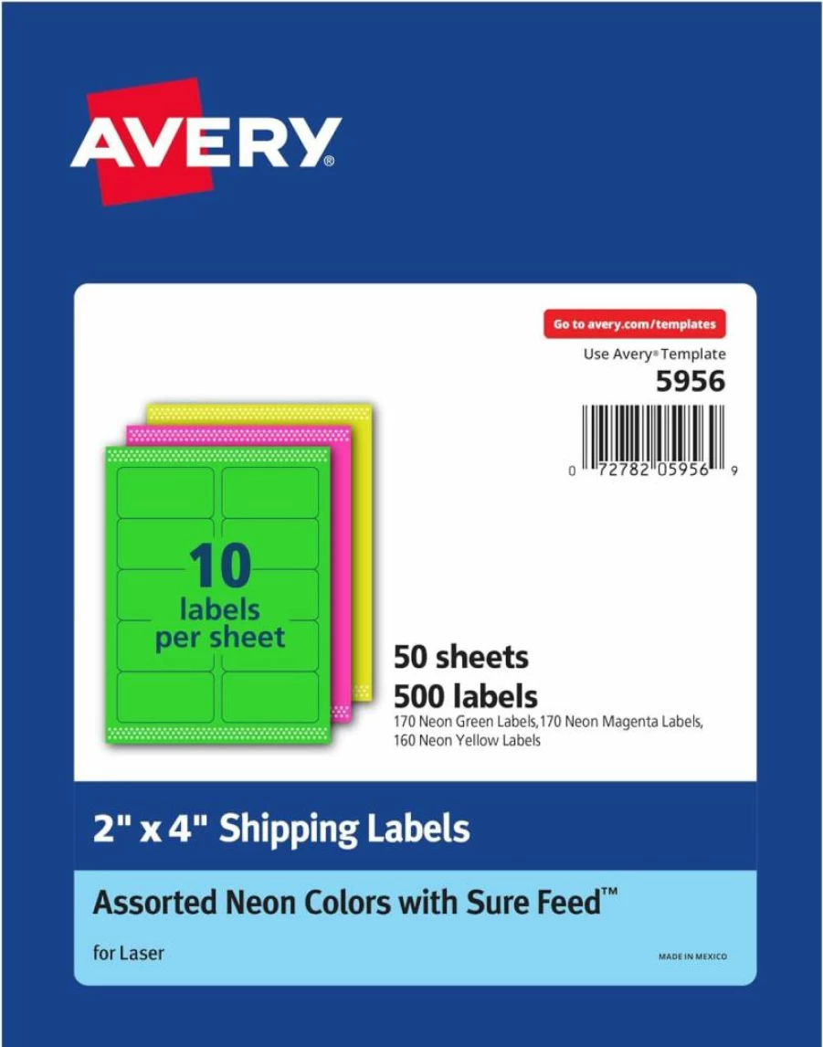 Avery 5978 Printable Address Labels 2" x 4" - 150 Blank Neon Mailing Labels (Magenta, Green, Yellow) with Sure Feed Technology