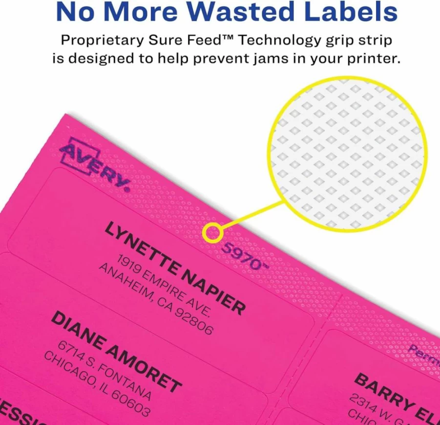 Avery 5978 Printable Address Labels 2" x 4" - 150 Blank Neon Mailing Labels (Magenta, Green, Yellow) with Sure Feed Technology