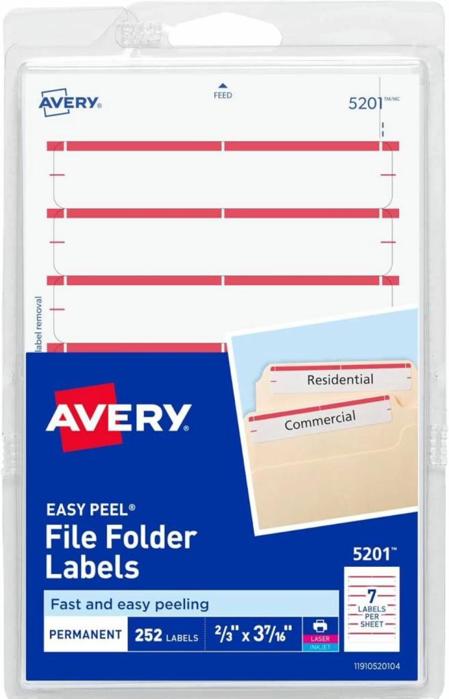 Avery 5201 Easy Peel File Folder Labels, 2/3" X 3-7/16", White/Red, 252 Labels per Pack, Print & Handwrite, 4" X 6" Sheets