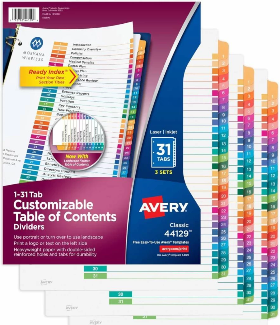 AVERY 11129 12-Set Multicolor 31-Tab Customizable Dividers for 3-Ring Binders with Table of Contents